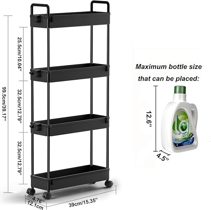 SOLEJAZZ Slim Rolling Storage Cart with Wheels 4 Tier Skinny Bathroom Storage Organizer Narrow Shelf Unit Thin Laundry Room Utility Cart for Bedside Kitchen Office Next to Fridge Small Places, Black