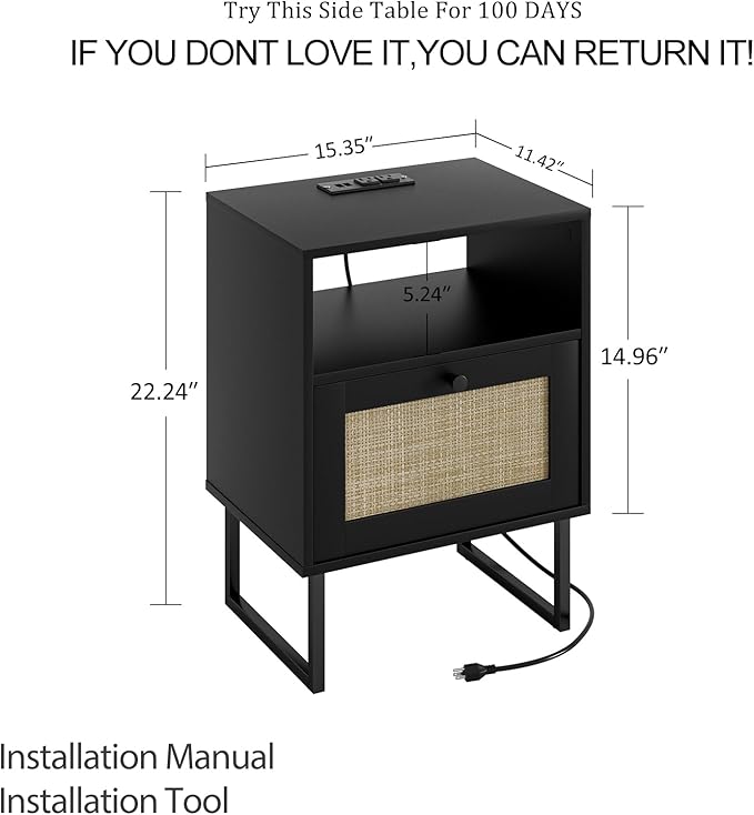 Masupu Rattan Nightstand with Charging Station,Modern Boho Farmhouse Wood Bedside Table with Storage Drawer and Open Shelf,Small Black Frame Side End Table for Bedroom,Living Room,Office (Black)