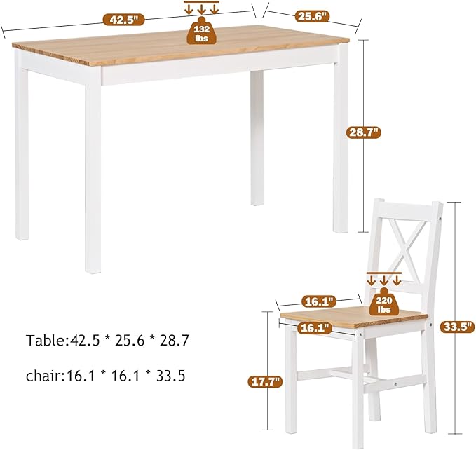 soges Dining Table Set for 4, 42.5 inch Pine Wood Dining Room Table with 4 Chairs, 5-Piece Kitchen Table Chairs Set for Small Space, Apartment, Dinette, Breakfast, White and White