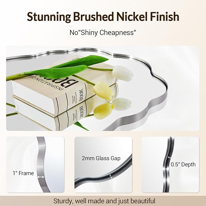 ANDY STAR Brushed Nickel Bathroom Mirror, 24x32 Inch Silver Asymmetrical Wall Mirror, Oval Bathroom Vanity Mirror, Unique Irregular Wall Mirror with Sophisticated Curved Design