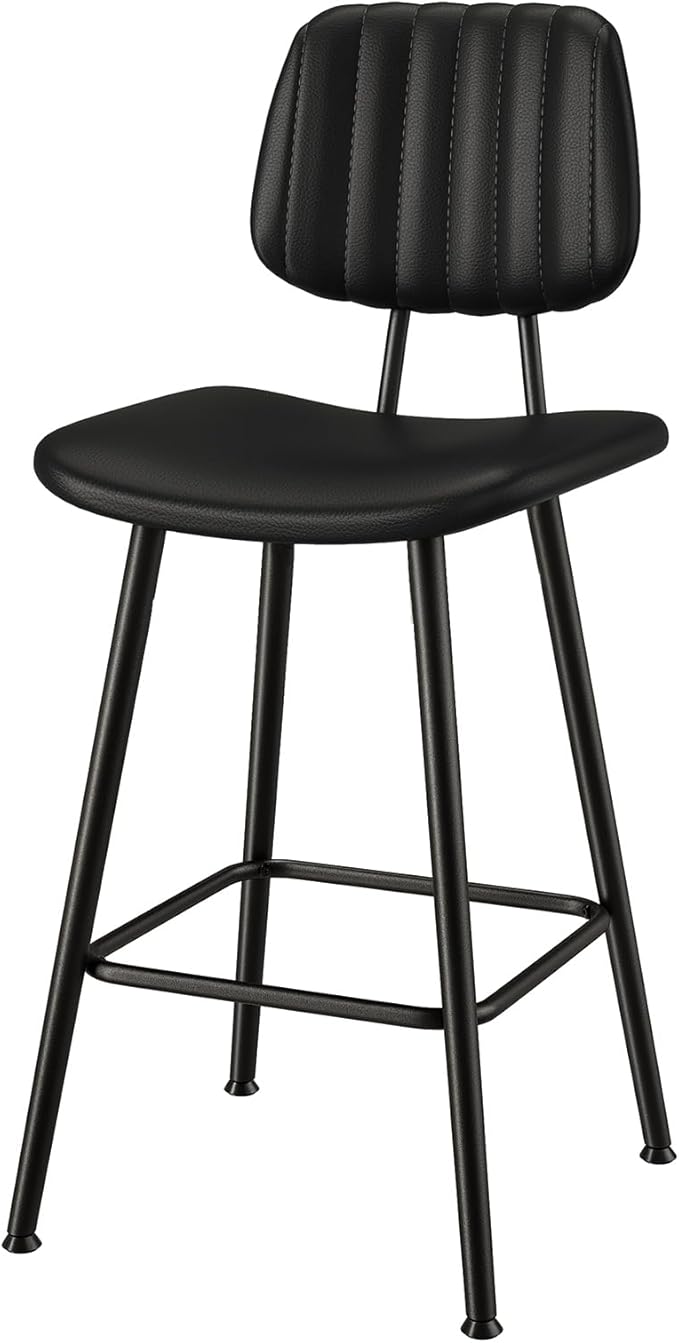 24-Inch Leather Bar Stools, Counter Height Barstools with High Backrest，Bar Chairs for Kitchen Island with Heavy Duty Metal Legs, Black
