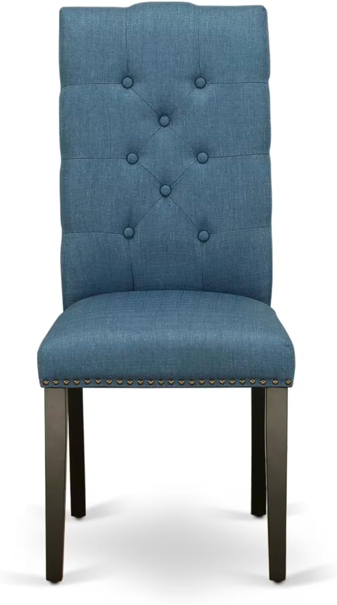 East West Furniture V677EL121-9 9 Piece Dining Set Includes a Rectangle Dining Room Table with V-Legs and 8 Blue Linen Fabric Upholstered Parson Chairs, 40x72 Inch, Multi-Color