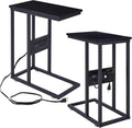 VECELO C Shaped End Side Table with Charging Station & Power Outlets for Couch Sofa/Bed, Snack TV Tray with Metal Frame for Living Room Bedroom 2 Set, Black