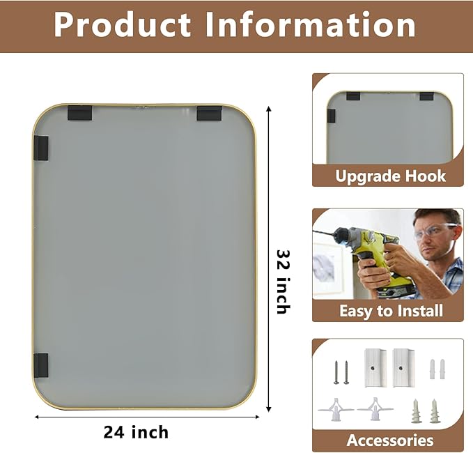 Brushed Gold Mirror, 24"x32" Rectangle Bathroom Mirror, Metal Frame Rectangle Corner Vanity Mirror, Wall Mounted Mirror for Modern, Living Room, Bedroom, Horizontal Or Vertical
