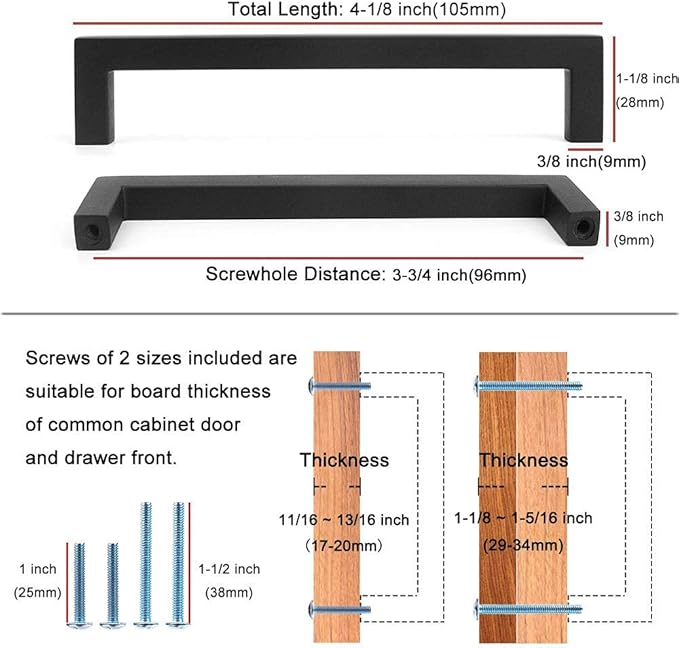 KOOFIZO Solid Square Bar Cabinet Handle - Brushed Nickel Furniture Pull, 3.8 Inch/96mm Screwhole Distance, 10-Pack for Kitchen Cupboard Door, Bedroom Dresser Drawer, Bathroom Wardrobe Hardware