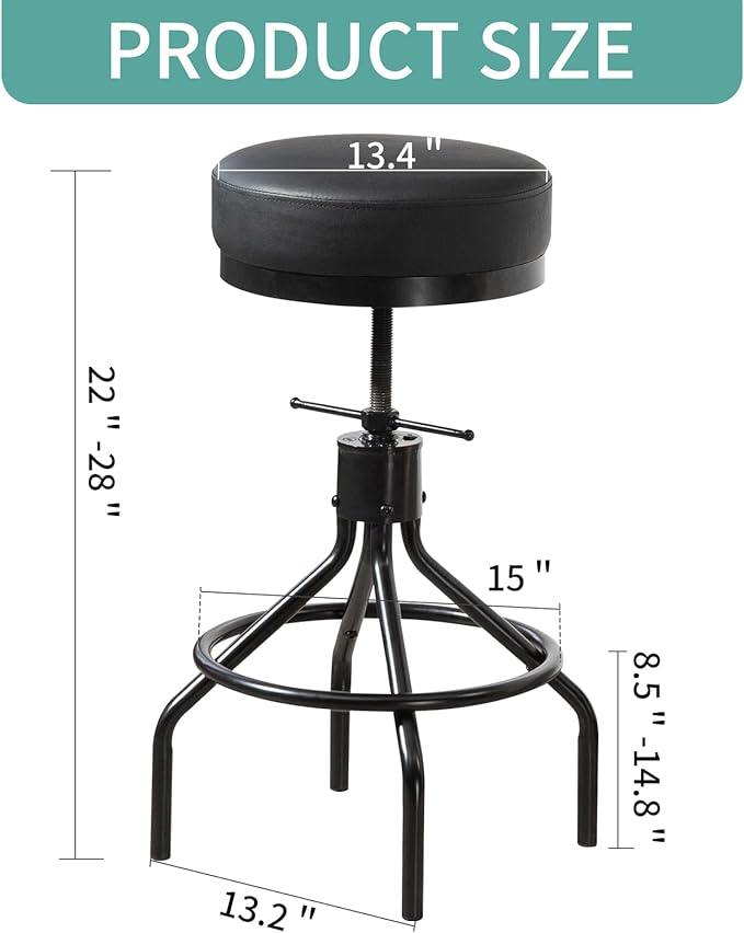 Adjustable Bar Stools Swivel Black Barstools Modern PU Leather 28inch Round Backless Counter Height Stool Metal Industrial Bar Chair for Kitchen Island (1, Black)