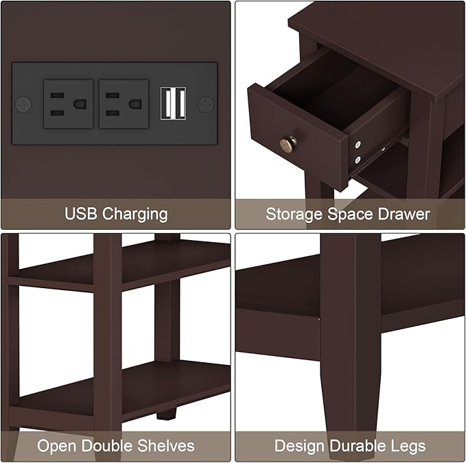 ChooChoo Narrow End Table with Charging Station, Side Table Living Room with USB Ports & Power Outlets and Hidden Drawer, 3-Tier Skinny Nightstand with 2 Open Storage Shelves For Small Place(Espresso)