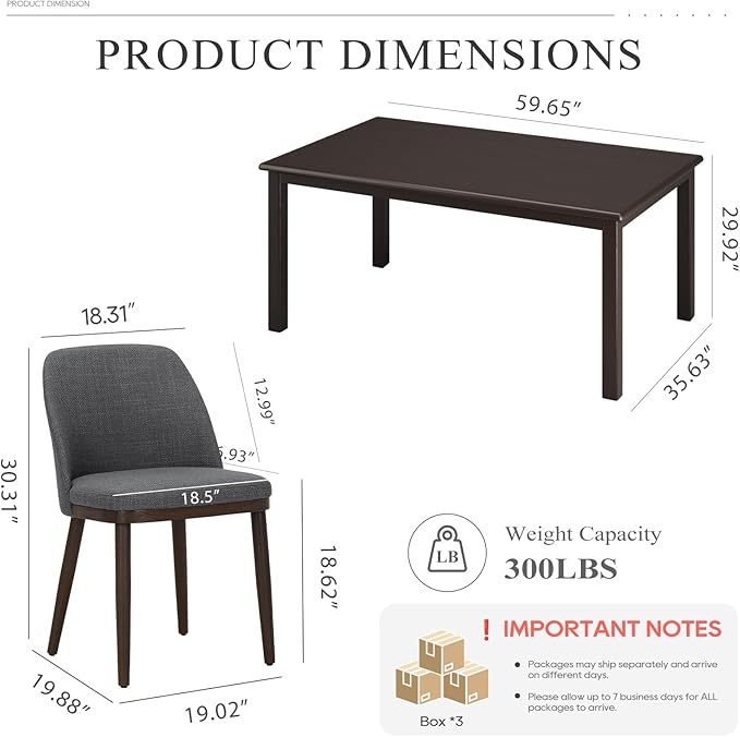 COLAMY 60 Inch Rectangular Kitchen Dining Table for 4, Modern Farmhouse Dining Table Set for 4, Wood Dining Table and Upholstered Dining Chairs for Kitchen, Dining Room, Restaurant, Brown/Light Grey