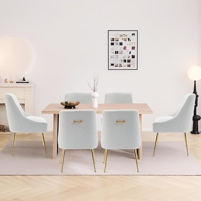 Modern Velvet Dining Chairs Set of 2, Contemporary Upholstered Furniture Collection with Polished Gold Metal Legs, Elegant Accent Chairs for Kitchen Living Room(Teddy Fleece,White)
