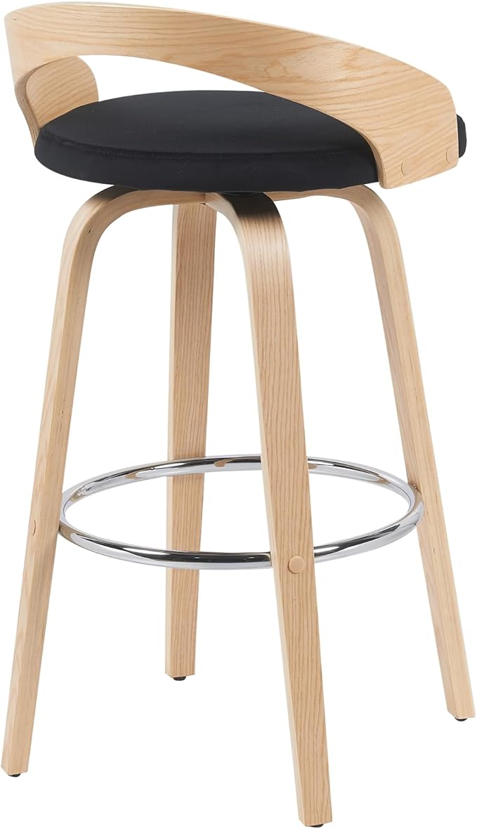 Sonia Modern Swivel Bar Height Stool with Black Upholstered Seat and Patterned Oak Wood Finish Set of 4