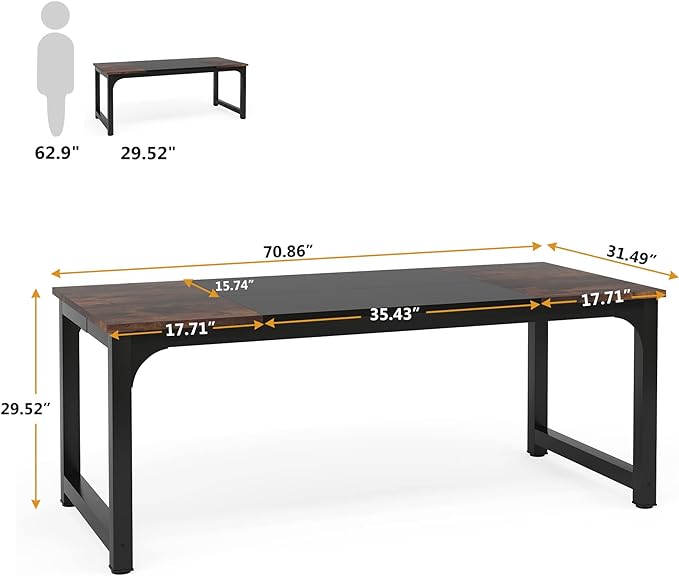 Tribesigns 70.8”Executive Desk, Large Office Computer Desk with Thicken Frame, Modern Simple Workstation Business Furniture for Home Office, Rustic Brown/Black