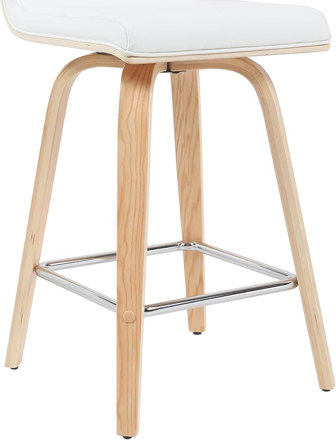 Armen Living Vienna Modern Swivel 26" Counter Height Barstool with White Faux Leather and Patterned Oak Wood Finish