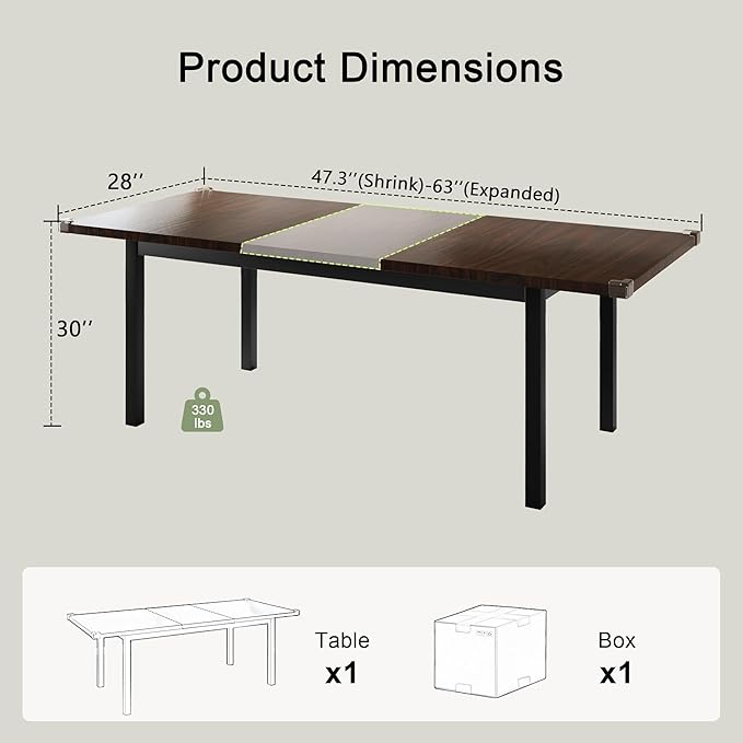 Feonase 63" Extendable Kitchen Table, Modern Farmhouse Dining Table for 4-8, Wooden Dining Room Table for Small Space, Dining Room, Home Office, Living Room Furniture, Espresso