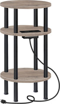 Small Round Side Table with Charging Station, Round End Accent Table, 3-Tier Sofa Side Table for Small Spaces, Nightstand for Living Room, Bedroom, Greige and Black TBZ06UFH