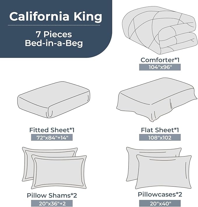 HEVUMYI Purple Cali-King Comforter Set - 7-Piece All Season Bed in a Bag Cali-King, Ultra Soft Bedding Set with Comforter, Flat Sheet, Fitted Sheet, Pillowcases, Pillow Shams
