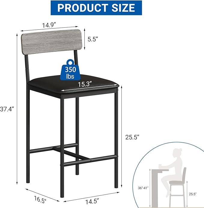 GarveeHome Bar Stools Set of 4, Upholstered Counter Height Bar Stools with Backrest and Footrest, Kitchen Barstools for Island, Counter Bar, Easy Assembly, Rustic Gray