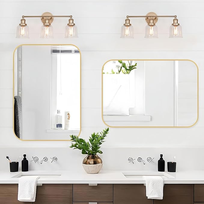 Gold Bathroom Mirror, 22x30 Inch Brushed Gold Mirror, Aluminum Alloy Framed Vanity Mirror, Rounded Rectangle Mirror for Over Sink, Anti-Rust Wall Mirror (Horizontally or Vertically)