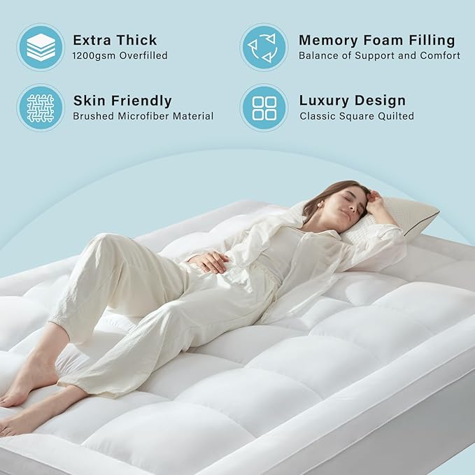 Anluoer Mattress Topper Queen for Back Pain, Memory Foam Pillow Top Mattress Topper Queen, 5X Support Extra Thick Breathable Mattress Pad with 8-21" Deep Pocket, 60x80 Inches, White