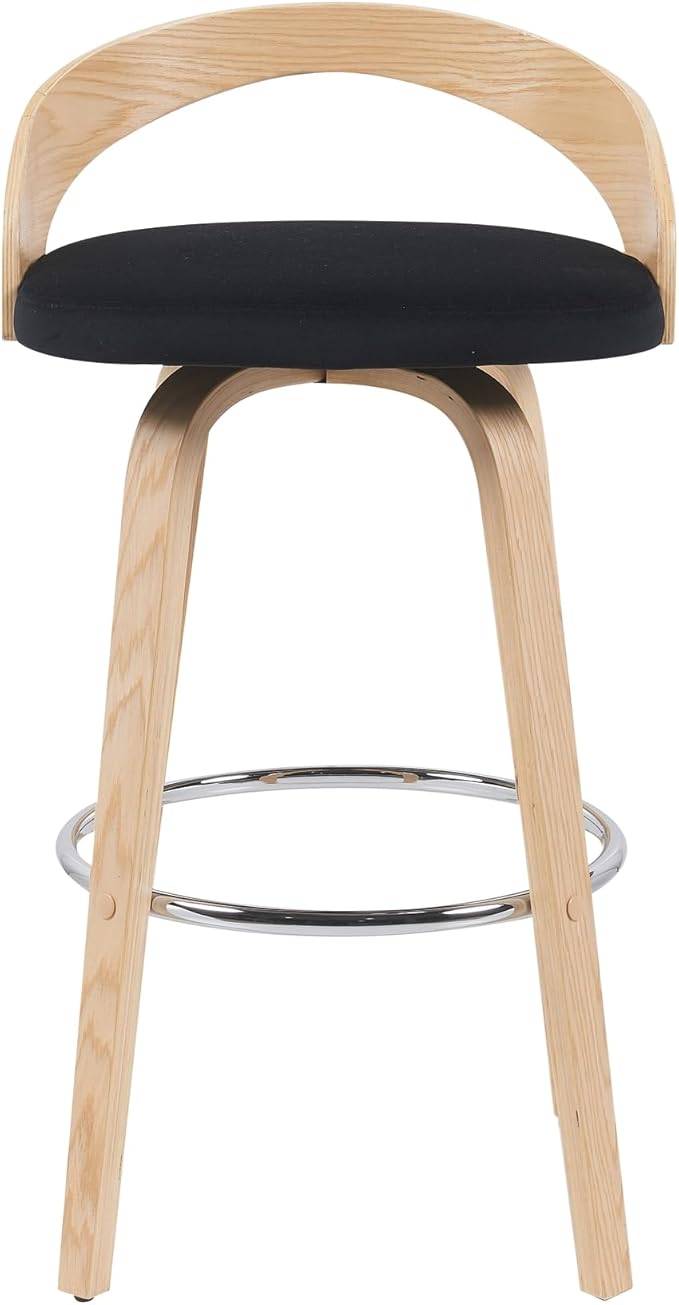Sonia Modern Swivel Bar Height Stool with Black Upholstered Seat and Patterned Oak Wood Finish Set of 3