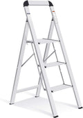 KINGRACK Aluminium 3 Step Ladder, Lightweight Step Stool with Non-Slip Pedals, Handrail, 330 LBS Foldable Step Ladder for Kitchen, Garage, Home, Space Saving, Sturdy and Portable, Silver