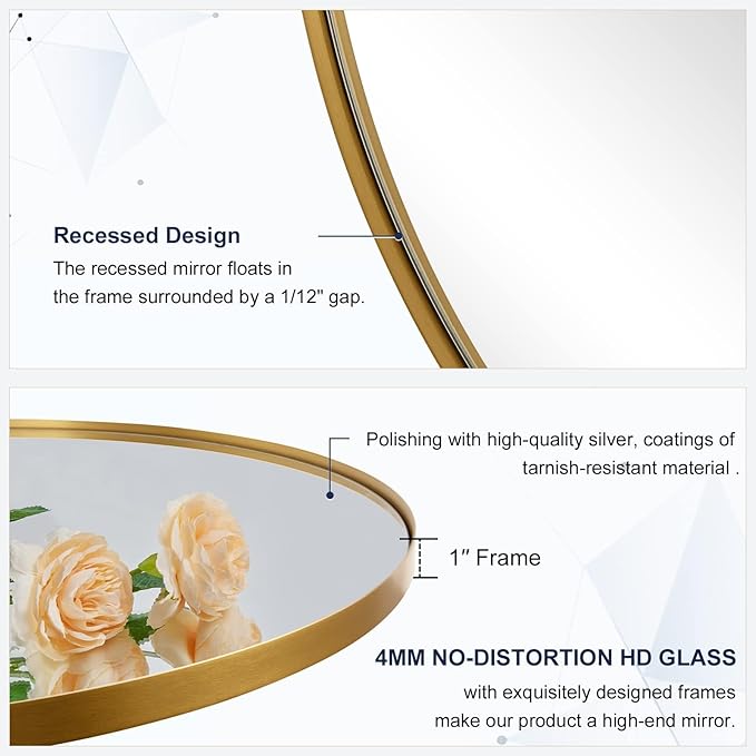 ANDY STAR Gold Round Mirror, 24’’ Brushed Gold Circle Bathroom Mirrors in Stainless Steel Metal Frame 1" Deep Set Design