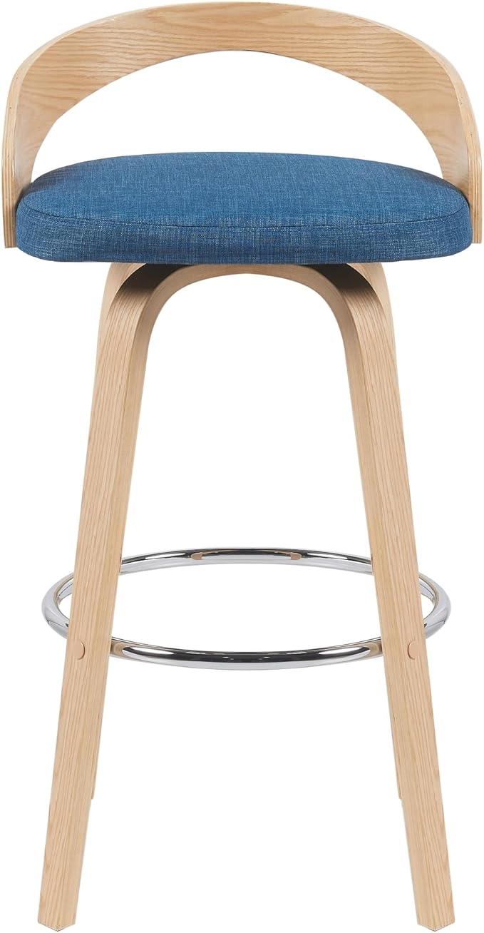 Sonia Modern Swivel Bar Height Stool with Blue Upholstered Seat and Patterned Oak Wood Finish Set of 2
