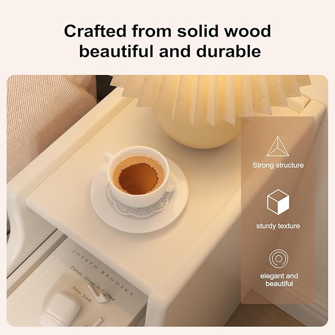 Small Nightstand with Drawers, Solid Wood Bedside Table, Narrow White Nightstand for Bedroom