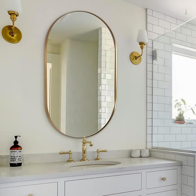 ANDY STAR Oval Mirrors for Bathroom, 26x38 Inch Gold Oval Mirror, Oval Brass Mirror Pill Shaped Stainless Steel 1’’ Deep Metal Frame Mirror Hang Vertically & Horizontally Ideal for Limited Space