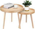 Round Coffee Table Set of 2, Natural Boho Side Table, Small Mid Century Modern Rattan End Tables for Living Room Bedroom Office