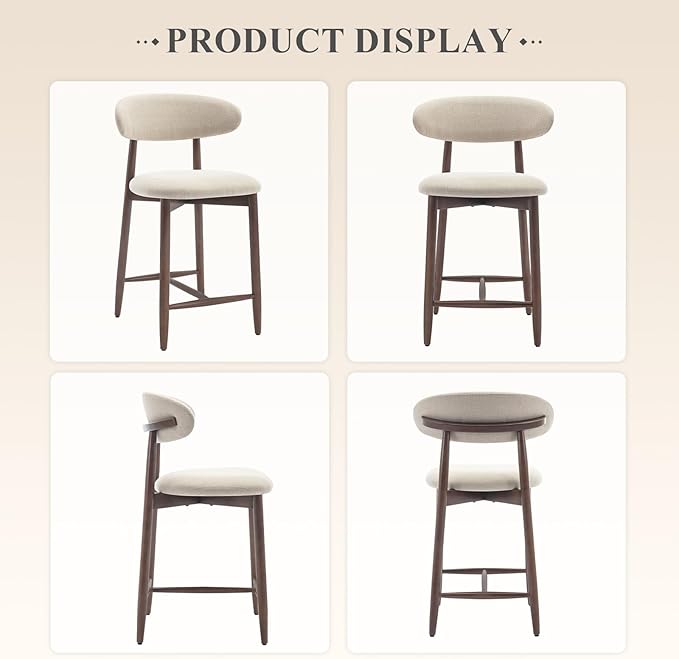 COLAMY Counter Height Bar Stools Set of 6, Kitchen Bar Stools with Back, Mid Century Modern Upholstered Stools, with Wood Legs for Kitchen Island Dining Room, Beige