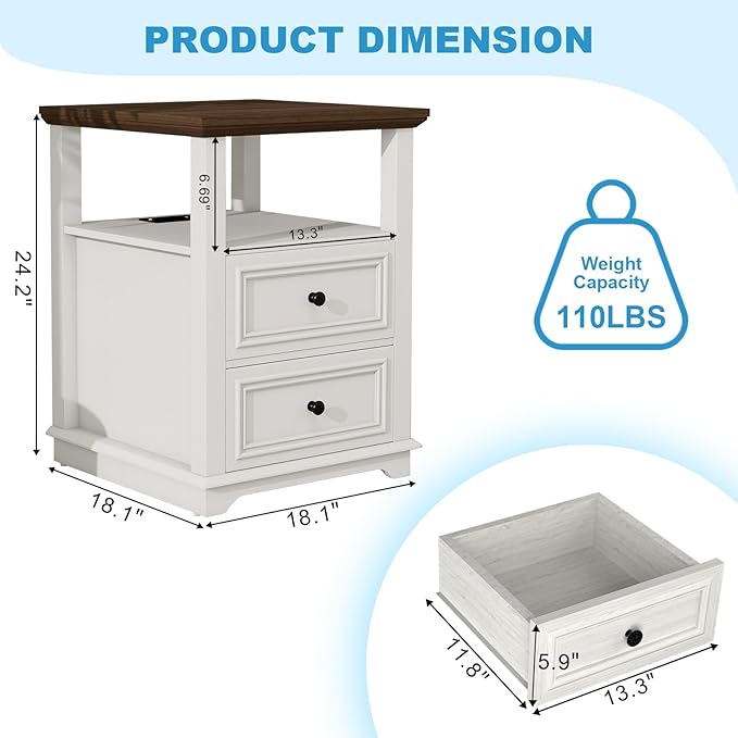 Vipbear Farmhouse Nightstand 18" White End Table with Charging Station & 2 Drawers, Rustic Bedside Table with Storage Shelf for Bedroom, Living Room,18.1" D x 18.1" W x 24.2" H, Set of 2