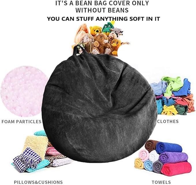 Kisoy Bean Bag Chair Cover (No Filler) Stuffed Animal Storage Bean Bag Cover Pets Dogs/Cats Lazy Beds. Washable Ultra Soft Corduroy Stuffed for Organizing Plush Toys or Textile, Sack Bean Bag
