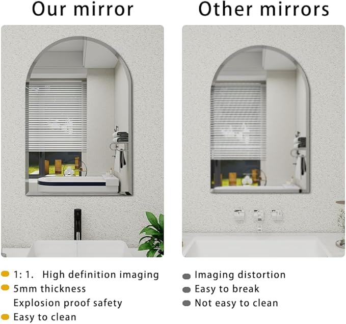 Arched Bathroom Mirror, 16X24 inch Arched Frameless Mirror, Arch Wall Mirror，Frameless Mirrors for Bathroom,Beveled Bathroom Mirror.