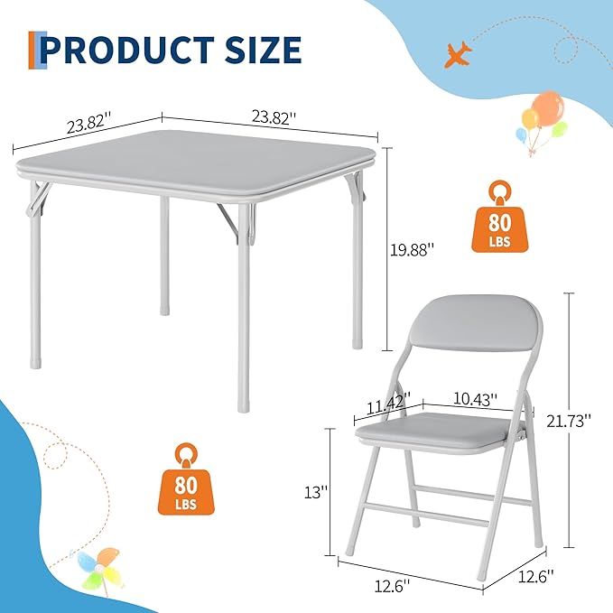 IDEALHOUSE 3 Piece Folding Kids Table and Chairs Set, Children Activity Table and Chairs Set for Dining Room,Daycare,Classrooms