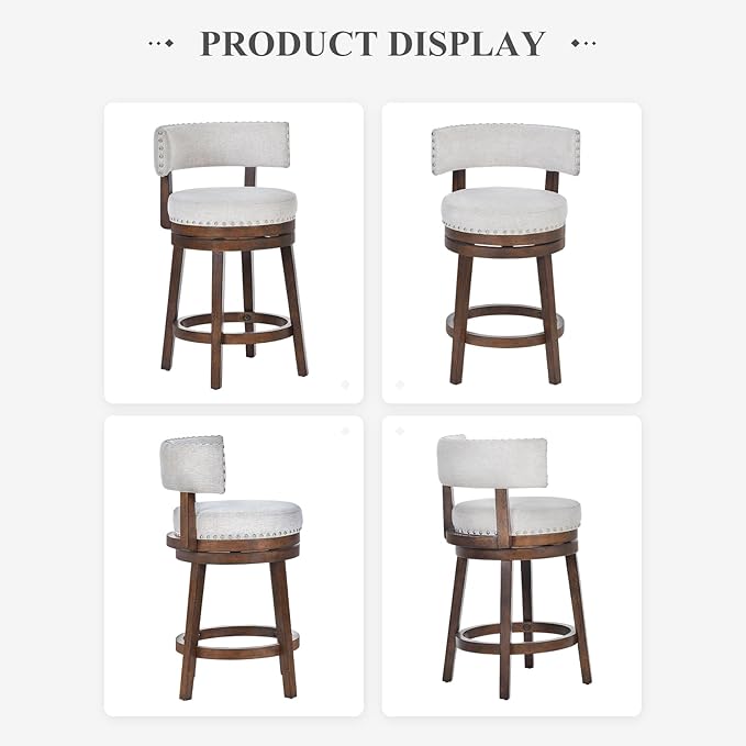 COLAMY Swivel Bar Stools Set of 4, Swivel Counter Height Barstools with Back, 25 Inch Modern Upholstered Bar Stools for Kitchen Island Dining Room Bar, Beige
