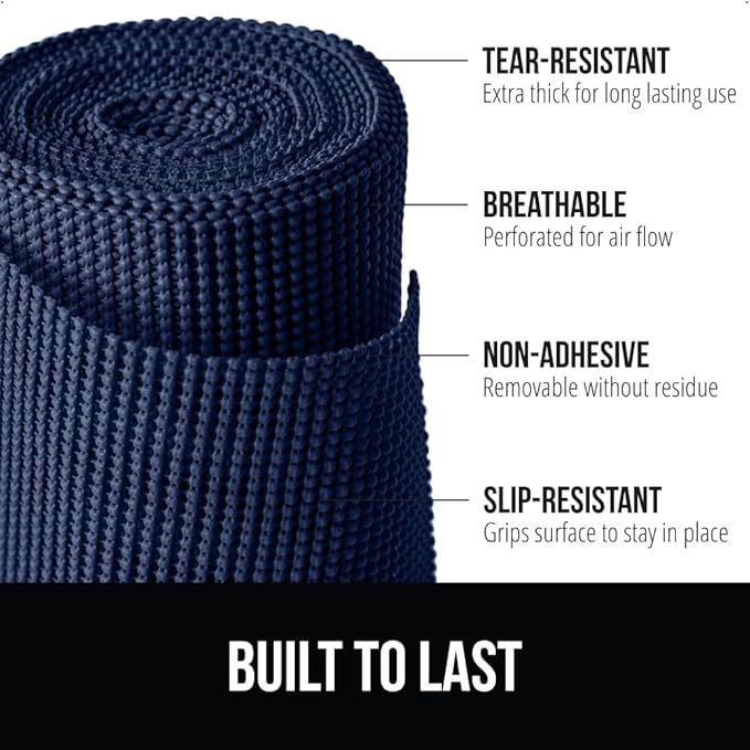 GORILLA GRIP powerGRIP Drawer Shelf and Cabinet Liner, Thick Strong Hold, Non-Adhesive Liners Protect Kitchen Cabinets and Cupboard, Bathroom Drawers, Easy Install, Breathable Mat, 17.5" x30', Navy