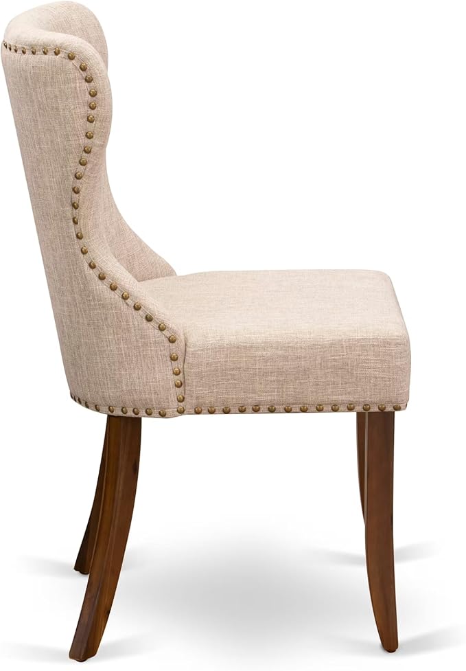 LESI9-AWA-04-9-pc Modern Dining Set Consists of a Dining Table and 8 Light Tan Linen Fabric Mid Century Dining Chairs with Button Tufted Back - Antique Walnut Finish