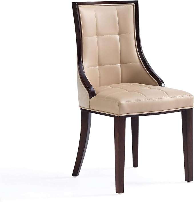 Manhattan Comfort Fifth Avenue Faux Leather Dining Chairs, Parsons Accent Furniture with Padded Wingback Seat, Fine Rectangular Stitching and Solid Beech Wood Frame, Set of 4, Tan
