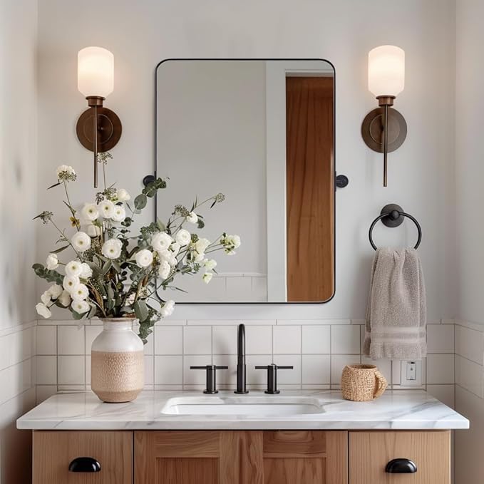 MOON MIRROR Matte Black Rounded Rectangle Pivot Mirror for Bathroom, Vanity, Overall 26.33x30 in (Without Bracket 22x30 in), Hangs Vertical Only