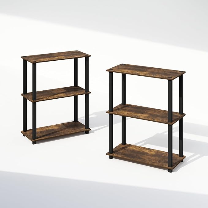 Furinno Turn-S-Tube 3-Tier Compact Multipurpose Shelf Display Rack with Square Tube, Amber Pine/Black, Set of 2
