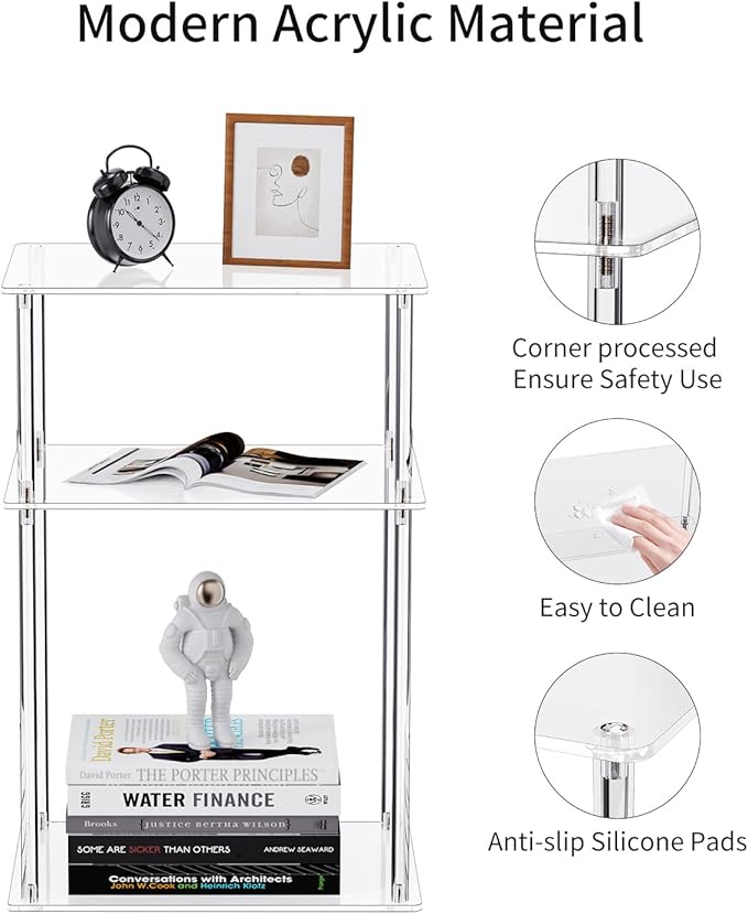Clear Acrylic Side Table, 3-Tier End Table for Living Room, Small Bedside Tables Nightstand for Bedroom, Home Decor Accent Table, 15.7" L x 11.8" W x 23.6" H