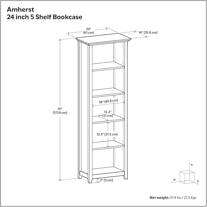 SIMPLIHOME Amherst Bookcase - 70 inch Tall 5-Shelf Solid Wood Bookshelf in White, Transitional Storage for Living Room, Study Room or Office with Adjustable Shelves and Tapered Legs
