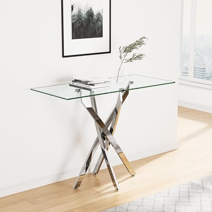 Tempered Glass Console Table with Chromed Legs, Modern Narrow Sofa Table for Hallway Entryway (Sliver, 39"x18"x30")