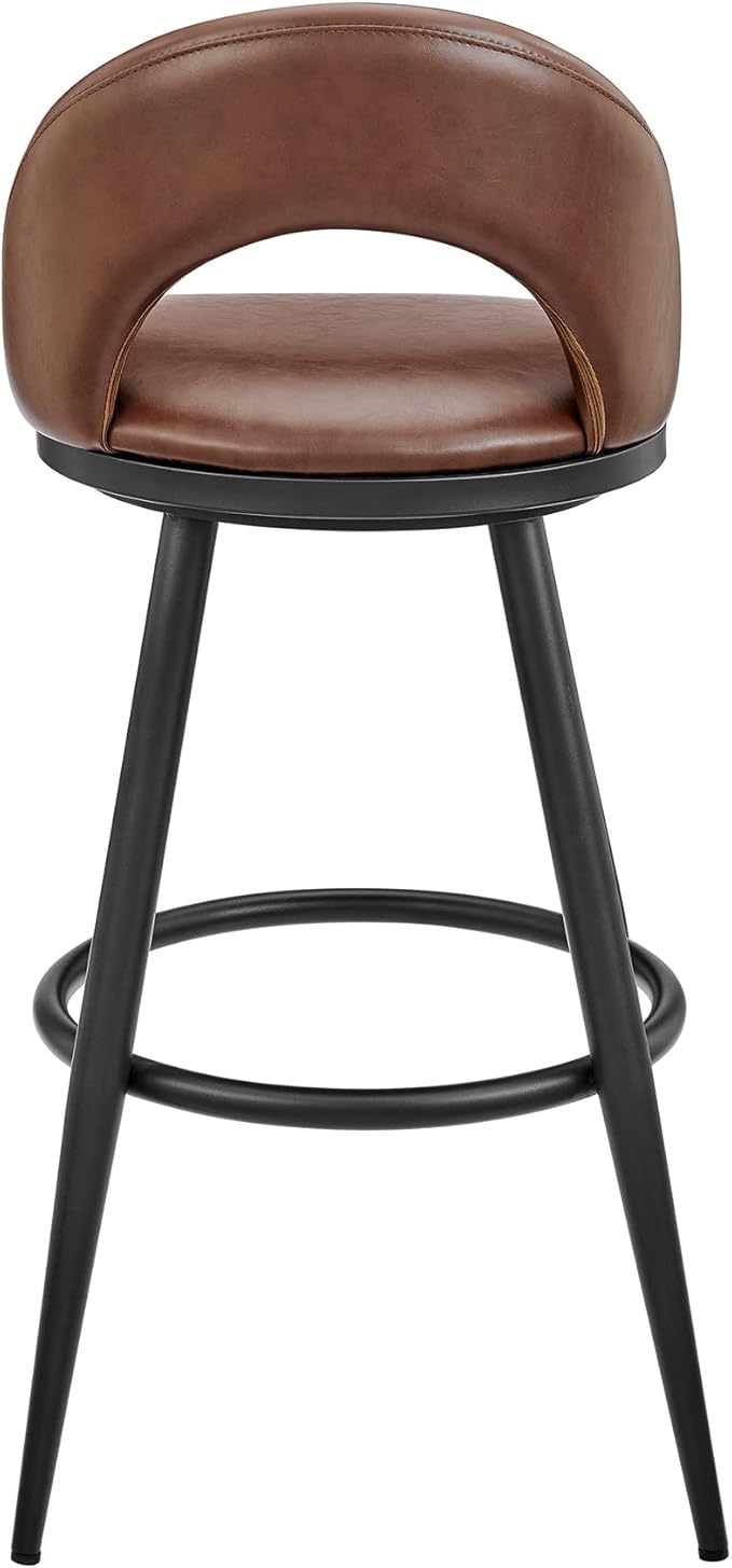 Armen Living Charlotte Swivel Counter Stool in Black Metal and Brown Faux Leather