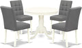East West Furniture ANAS5-LWH-41 5 Piece Dining Table Set contain A Dinner Table and 4 Platinum Gray Polyester Fabric Kitchen Chairs with Stylish Back- Linen White Finish