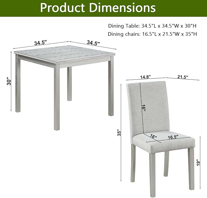 KEIKI 5-Piece Standard Height Dining Table Set with Square Table and 4 Upholstered Chair, for 4 Person, Classic Crystal Decoration Wood Table Set, Easy Assembly, for Kitchen, Dining Room, Silver Grey