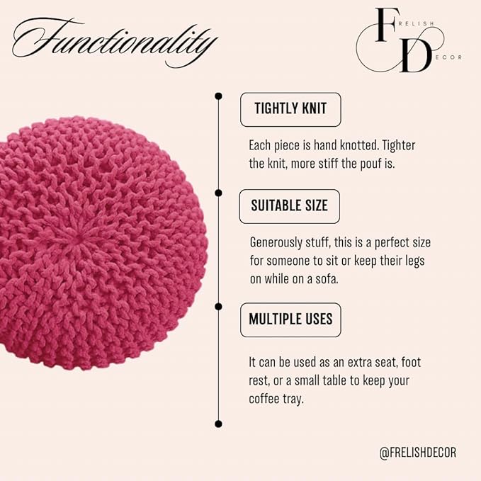 FRELISH DECOR Round Pouf Ottoman Hand Knitted 100% Cotton Pouf Foot Stool - Knitted Bean Bag - Floor Chair for Living Room - Bedroom Foot Rest for Couch (20 Diameter x 14 Height) - Dark Pink