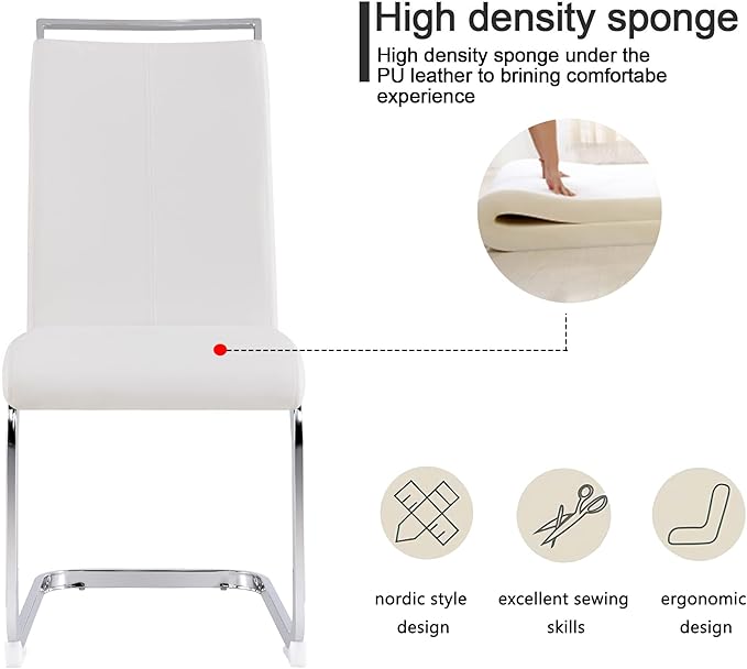 Dining Chairs Set, Kitchen Modern Metal Chairs with Faux Leather Padded Seat High Back and Sturdy Chrome Legs, Chairs for Dining Room (White, Set of 2)