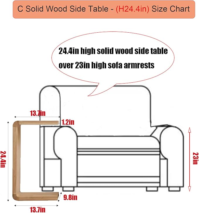 C Shaped End Table, Solid Wood C Side Table for Couch Sofa and Bed, Sofa Tables That Slide Under for Space Saving, Small Snack C Tables for Living Room Bedroom (H 24.4″ - Brown, 2)