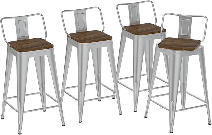 26 Inch Swivel Bar Stools Set of 4, Counter Height Bar Stools with Low Back, Metal Industrial Bar Chairs for Kitchen Island (Silver)